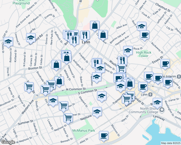 map of restaurants, bars, coffee shops, grocery stores, and more near 84 Franklin Street in Lynn