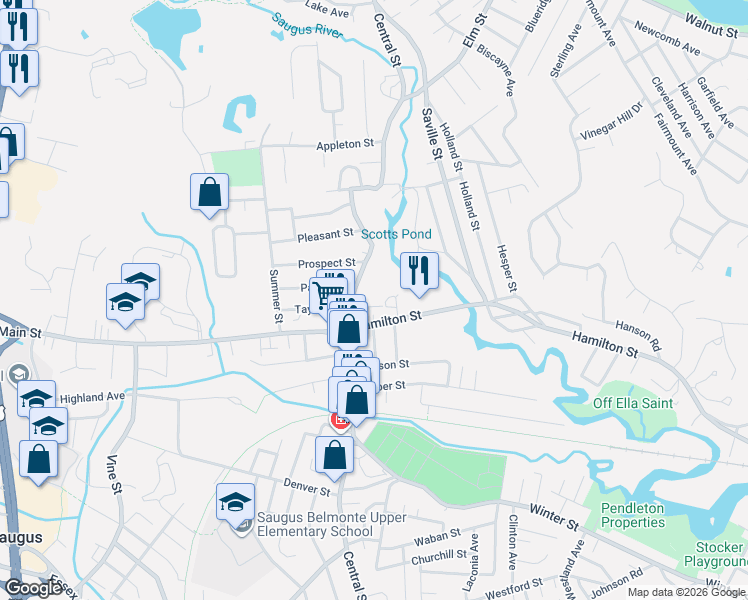 map of restaurants, bars, coffee shops, grocery stores, and more near 272 Central Street in Saugus