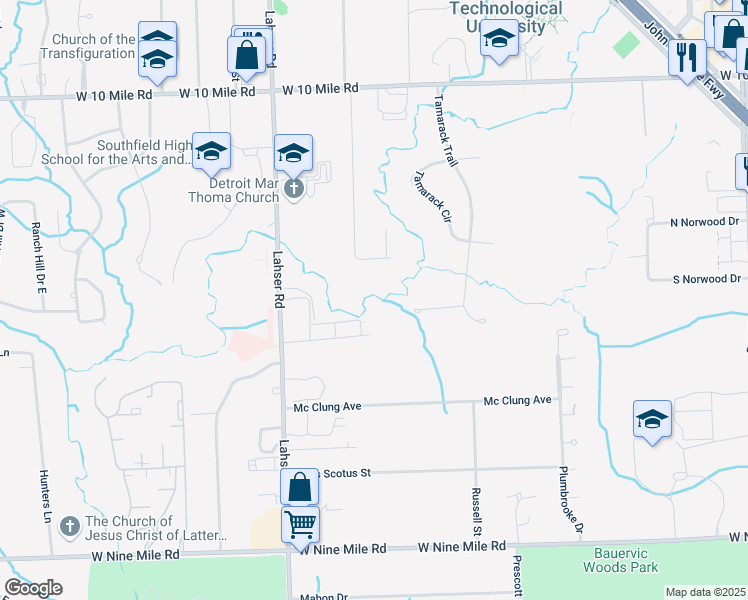 map of restaurants, bars, coffee shops, grocery stores, and more near 24315 Lois Lane in Southfield
