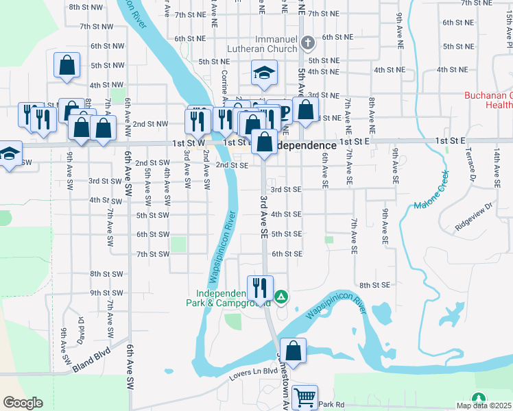 map of restaurants, bars, coffee shops, grocery stores, and more near 301-399 3rd Street Southeast in Independence