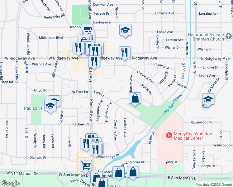 map of restaurants, bars, coffee shops, grocery stores, and more near 2534 Edgemont Ave in Waterloo