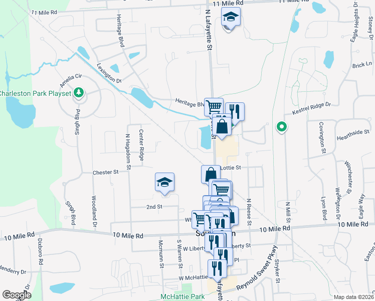 map of restaurants, bars, coffee shops, grocery stores, and more near 654 Lakewood Drive in South Lyon