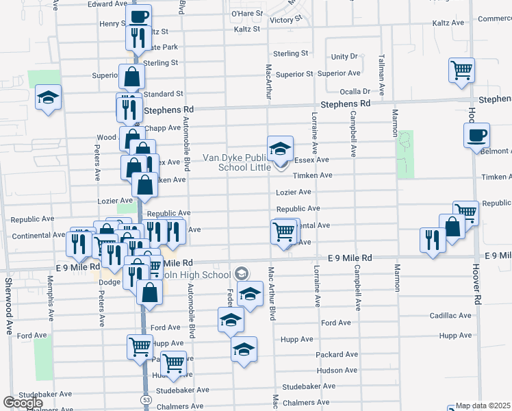 map of restaurants, bars, coffee shops, grocery stores, and more near 8483 Republic Avenue in Warren