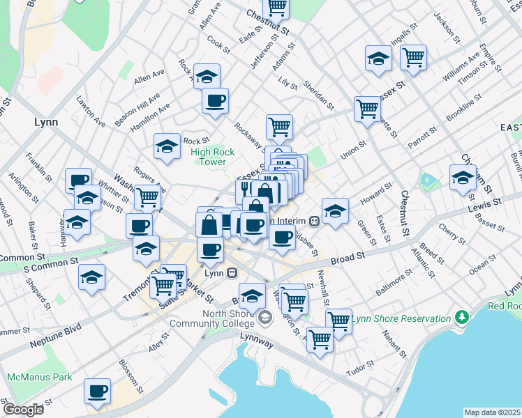 map of restaurants, bars, coffee shops, grocery stores, and more near 15 High Street in Lynn