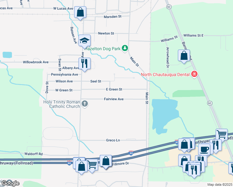 map of restaurants, bars, coffee shops, grocery stores, and more near 70 East Green Street in Dunkirk