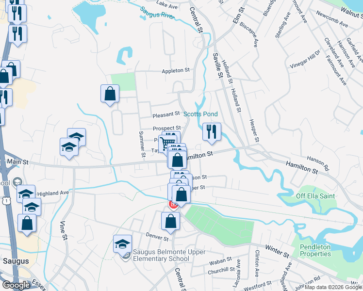 map of restaurants, bars, coffee shops, grocery stores, and more near 272 Central Street in Saugus
