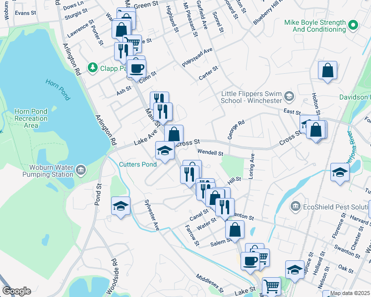 map of restaurants, bars, coffee shops, grocery stores, and more near 400 Cross Street in Winchester