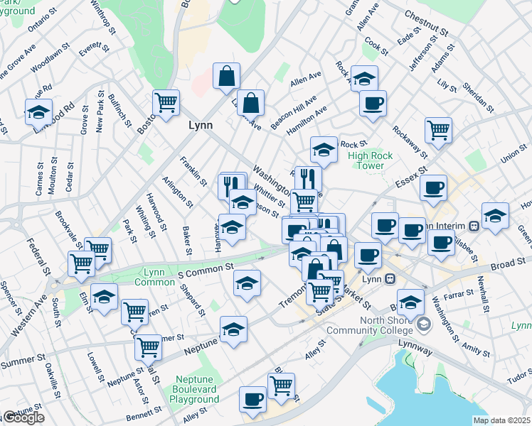 map of restaurants, bars, coffee shops, grocery stores, and more near 34 Whittier Street in Lynn