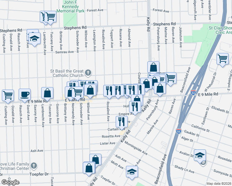 map of restaurants, bars, coffee shops, grocery stores, and more near 22781 Teppert Avenue in Eastpointe