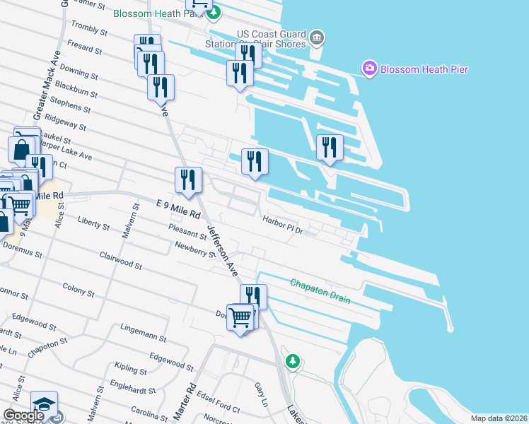 map of restaurants, bars, coffee shops, grocery stores, and more near 332 Riviera Drive in St. Clair Shores