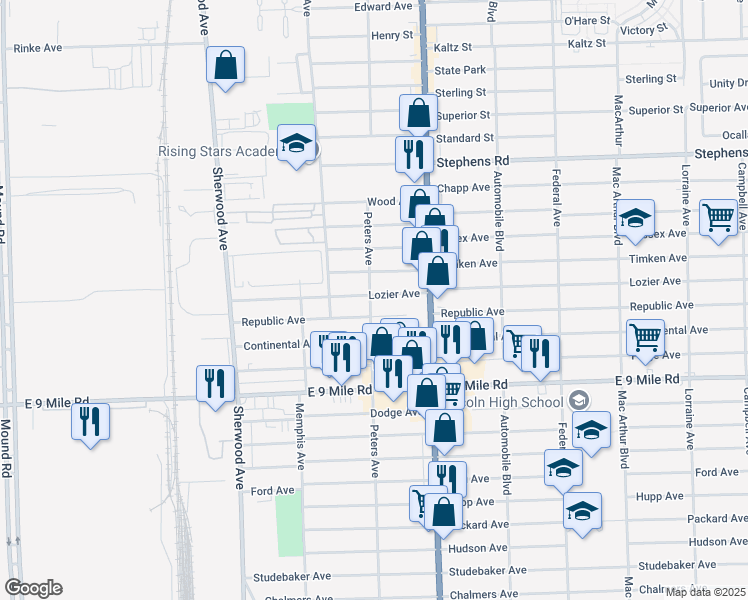 map of restaurants, bars, coffee shops, grocery stores, and more near 7504 Lozier Avenue in Warren