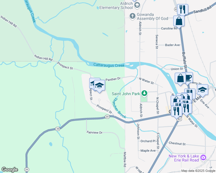 map of restaurants, bars, coffee shops, grocery stores, and more near 10674 Prospect Street in Gowanda