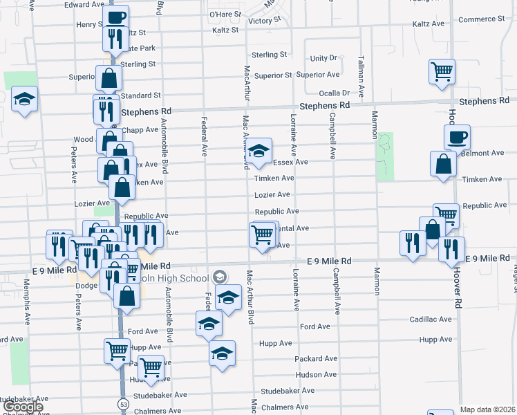 map of restaurants, bars, coffee shops, grocery stores, and more near 8646 Lozier Avenue in Warren