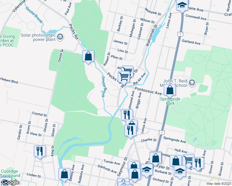 map of restaurants, bars, coffee shops, grocery stores, and more near 249 Wahconah Street in Pittsfield