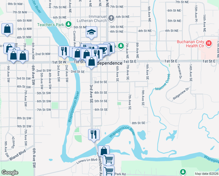 map of restaurants, bars, coffee shops, grocery stores, and more near 310 5th Avenue Southeast in Independence