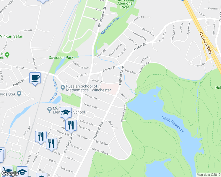 map of restaurants, bars, coffee shops, grocery stores, and more near 41 Highland Avenue in Winchester