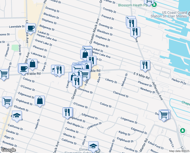 map of restaurants, bars, coffee shops, grocery stores, and more near 23521 9 Mack Drive in St. Clair Shores