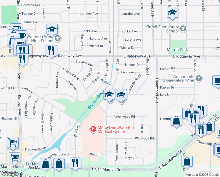 map of restaurants, bars, coffee shops, grocery stores, and more near 3040 West 9th Street in Waterloo