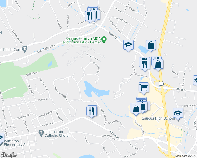map of restaurants, bars, coffee shops, grocery stores, and more near Water Wheel Lane in Saugus