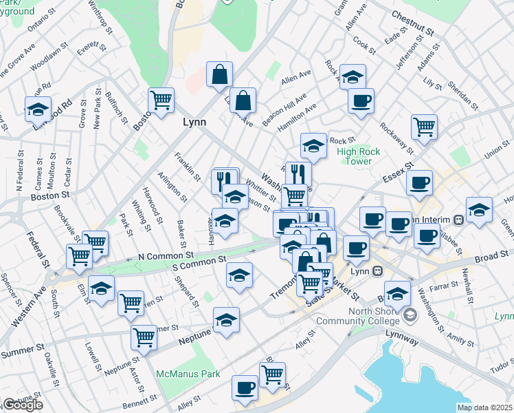 map of restaurants, bars, coffee shops, grocery stores, and more near 34 Whittier Street in Lynn