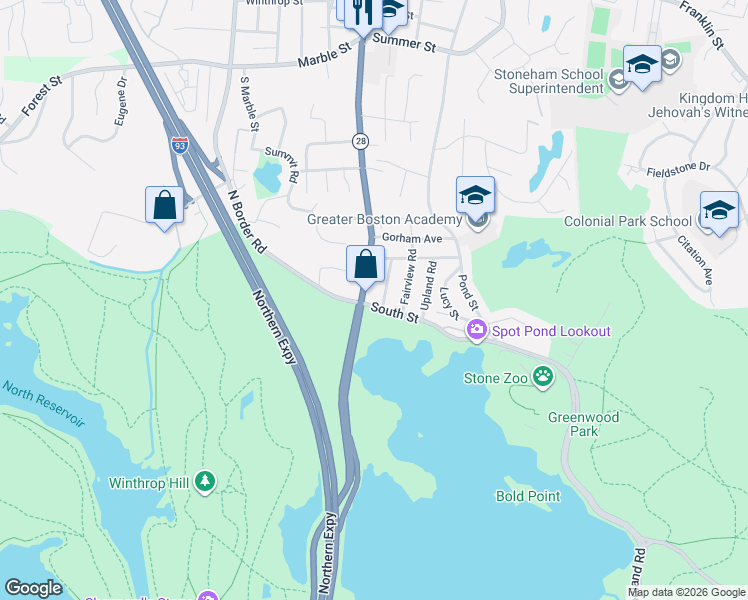 map of restaurants, bars, coffee shops, grocery stores, and more near 23 Parkway Road in Stoneham