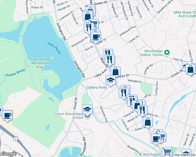 map of restaurants, bars, coffee shops, grocery stores, and more near 14 Lake Avenue in Woburn
