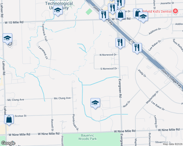 map of restaurants, bars, coffee shops, grocery stores, and more near 24101 West Norwood Drive in Southfield