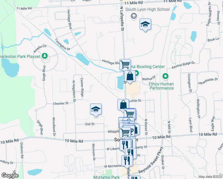 map of restaurants, bars, coffee shops, grocery stores, and more near 664 Lakewood Drive in South Lyon