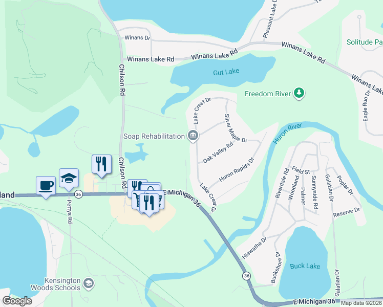 map of restaurants, bars, coffee shops, grocery stores, and more near 9340 Lake Crest Drive in Whitmore Lake