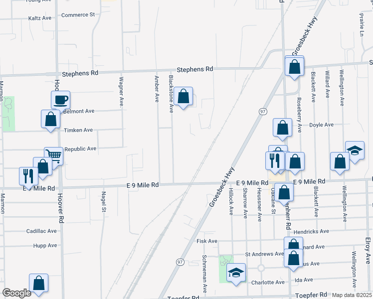 map of restaurants, bars, coffee shops, grocery stores, and more near 12755 East 9 Mile Road in Warren