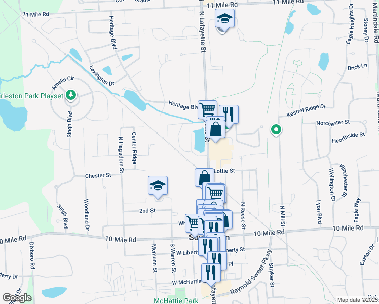 map of restaurants, bars, coffee shops, grocery stores, and more near 691 Lakewood Drive in South Lyon
