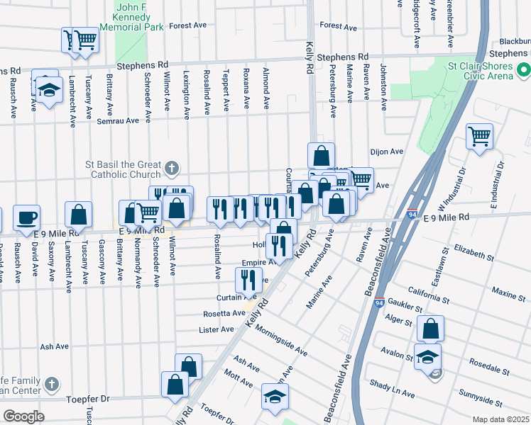 map of restaurants, bars, coffee shops, grocery stores, and more near 22739 Almond Avenue in Eastpointe