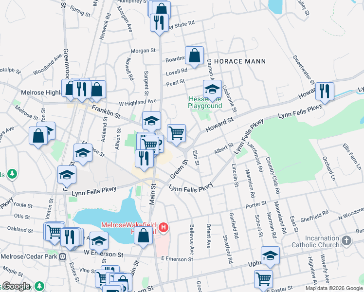 map of restaurants, bars, coffee shops, grocery stores, and more near 161 Green Street in Melrose