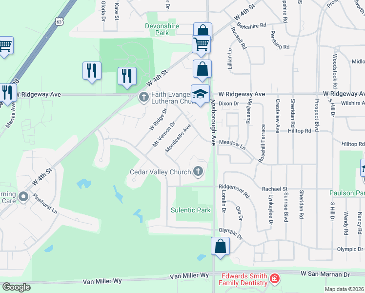 map of restaurants, bars, coffee shops, grocery stores, and more near 3331 Monticello Ave in Waterloo