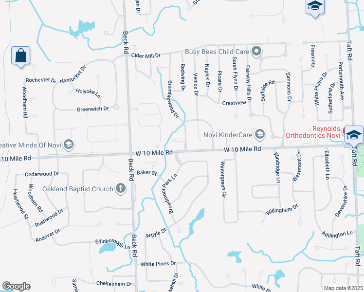 map of restaurants, bars, coffee shops, grocery stores, and more near 24219 Bramblewood Drive in Novi