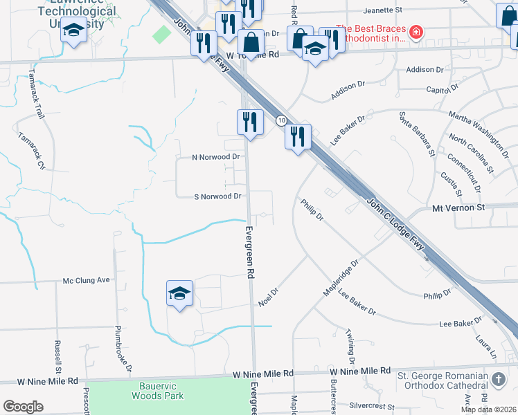 map of restaurants, bars, coffee shops, grocery stores, and more near 24000 Evergreen Road in Southfield