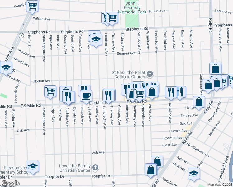 map of restaurants, bars, coffee shops, grocery stores, and more near 22760 Tuscany Avenue in Eastpointe