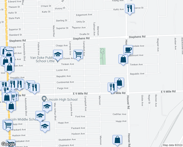 map of restaurants, bars, coffee shops, grocery stores, and more near 11259 Republic Avenue in Warren