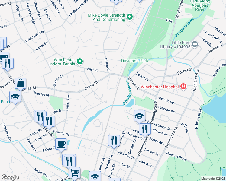map of restaurants, bars, coffee shops, grocery stores, and more near 15 Lowell Avenue in Winchester