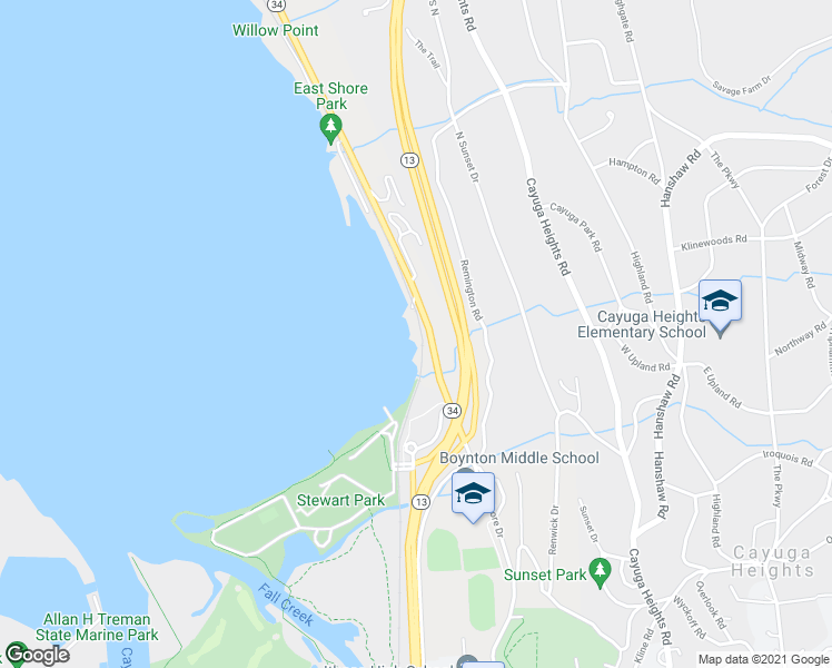 map of restaurants, bars, coffee shops, grocery stores, and more near 930 East Shore Drive in Ithaca