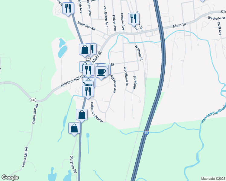 map of restaurants, bars, coffee shops, grocery stores, and more near 7 Jefferson Avenue in Ravena