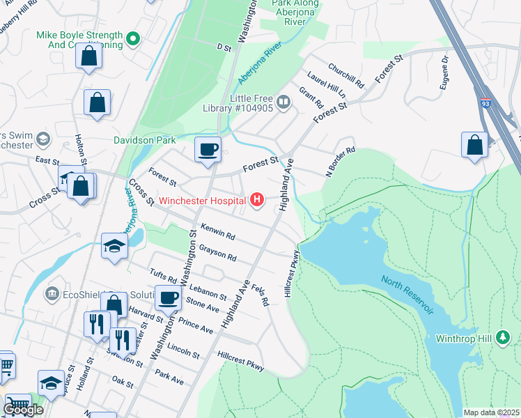 map of restaurants, bars, coffee shops, grocery stores, and more near 41 Highland Avenue in Winchester
