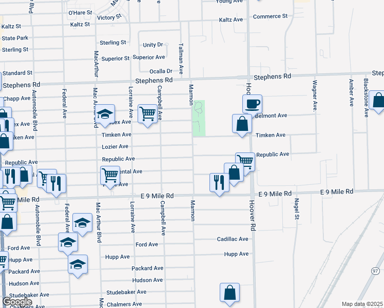 map of restaurants, bars, coffee shops, grocery stores, and more near 11339 Republic Avenue in Warren