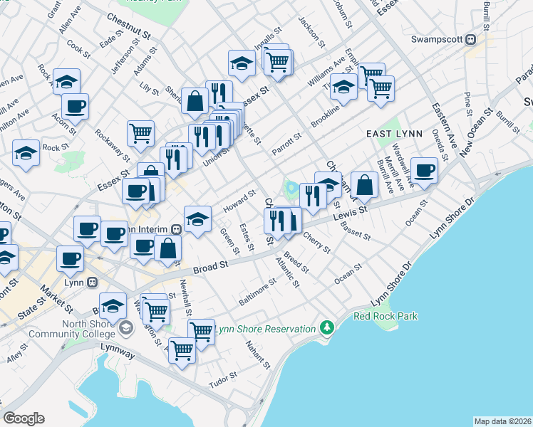 map of restaurants, bars, coffee shops, grocery stores, and more near 64 Chestnut Street in Lynn