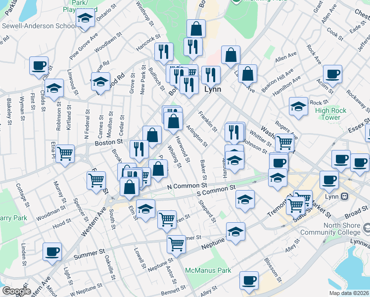 map of restaurants, bars, coffee shops, grocery stores, and more near 32 Brimblecom Street in Lynn