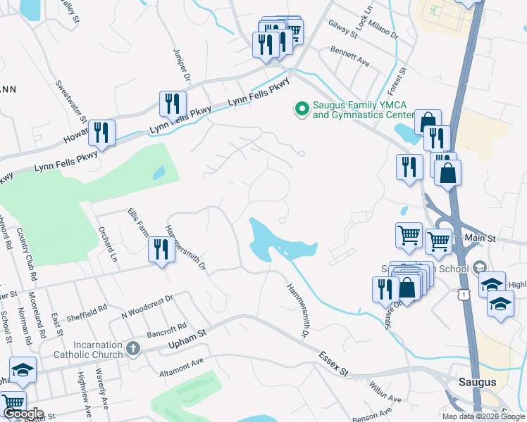 map of restaurants, bars, coffee shops, grocery stores, and more near 10 Blacksmith Way in Saugus