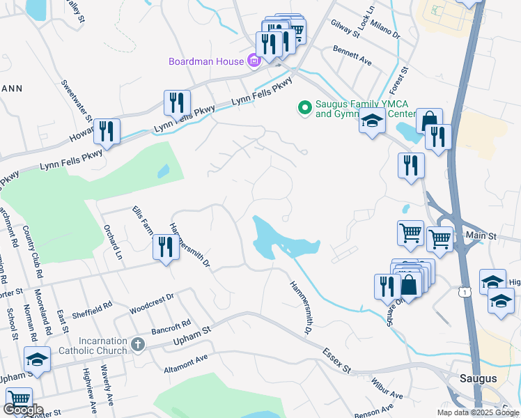 map of restaurants, bars, coffee shops, grocery stores, and more near 10 Blacksmith Way in Saugus