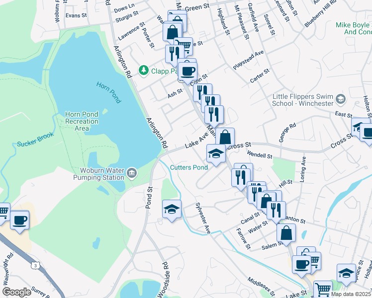 map of restaurants, bars, coffee shops, grocery stores, and more near 23 Lake Avenue in Woburn