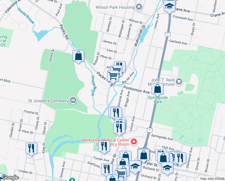 map of restaurants, bars, coffee shops, grocery stores, and more near 245-257 Wahconah Street in Pittsfield