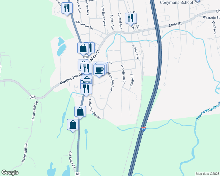 map of restaurants, bars, coffee shops, grocery stores, and more near 6 Jefferson Avenue in Ravena
